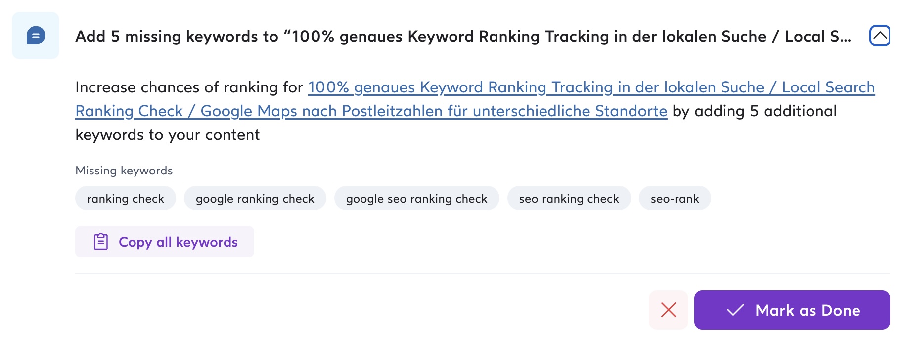 Add 5 missing keywords to "100% genaues Keyword Ranking Tracking in der lokalen Suche