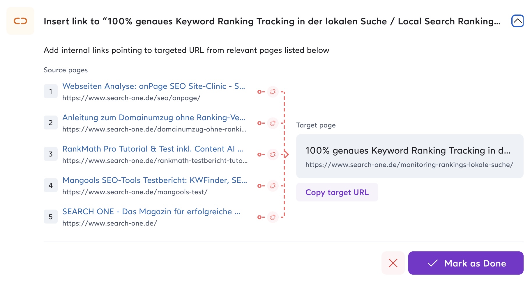 Add internal links pointing to targeted URL from relevant pages listed below
