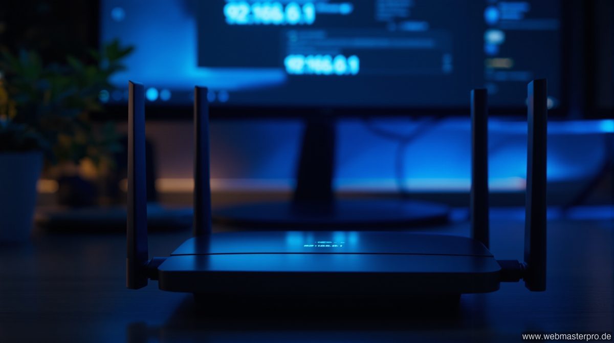 WLAN-Router mit LED-Statusanzeige und 192.168.0.1 Eingabe im Browser
