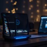 Router mit blauer LED-Beleuchtung und Laptop mit geöffnetem 192.168.1.1 Admin-Login-Panel