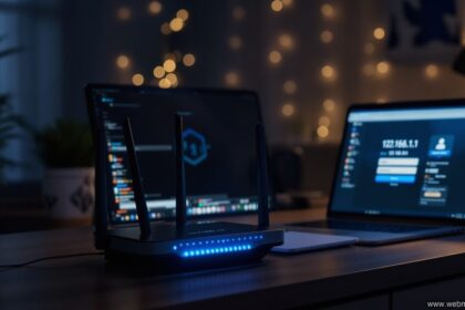 Router mit blauer LED-Beleuchtung und Laptop mit geöffnetem 192.168.1.1 Admin-Login-Panel