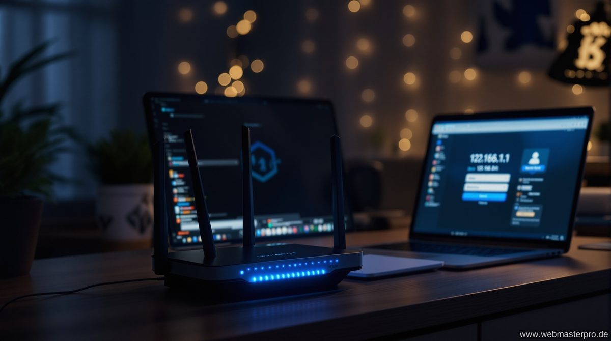 Router mit blauer LED-Beleuchtung und Laptop mit geöffnetem 192.168.1.1 Admin-Login-Panel