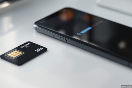 Smartphone mit vollem Mobilfunksignal neben einer deutschen SIM-Karte – 1und1 welches Netz