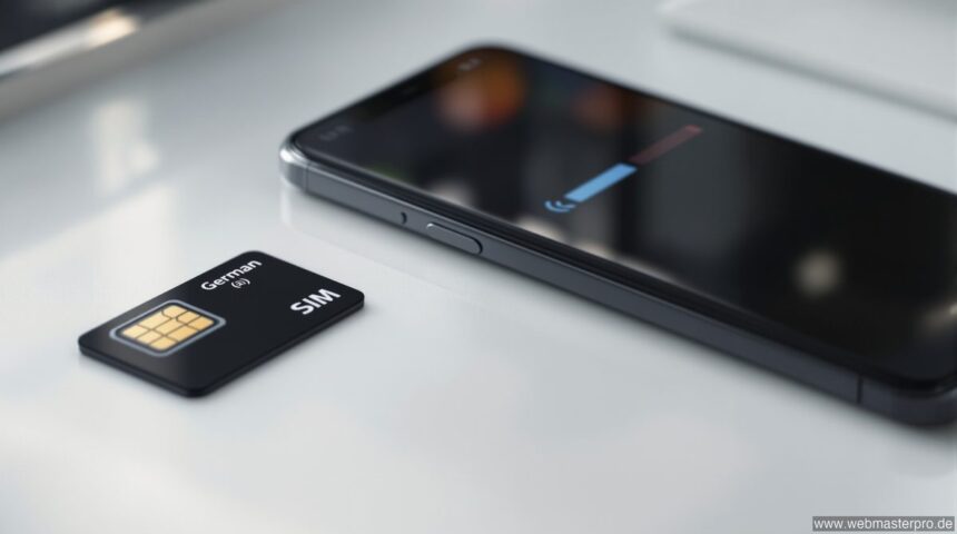 Smartphone mit vollem Mobilfunksignal neben einer deutschen SIM-Karte – 1und1 welches Netz