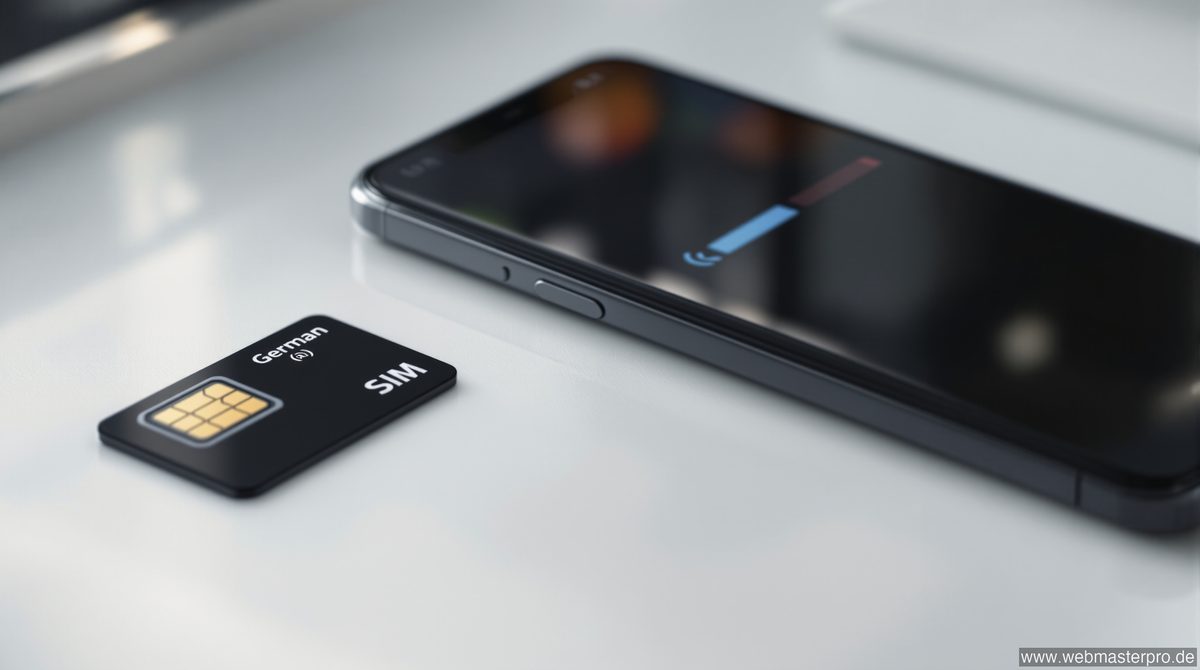 Smartphone mit vollem Mobilfunksignal neben einer deutschen SIM-Karte – 1und1 welches Netz