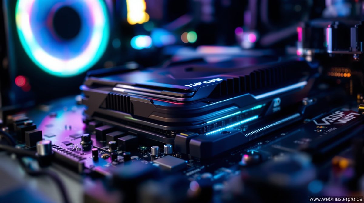 ASUS TUF Gaming B850-PLUS WiFi im Gaming-PC-Gehäuse verbaut – VRM-Kühler und DDR5-Slots in der Nahaufnahme