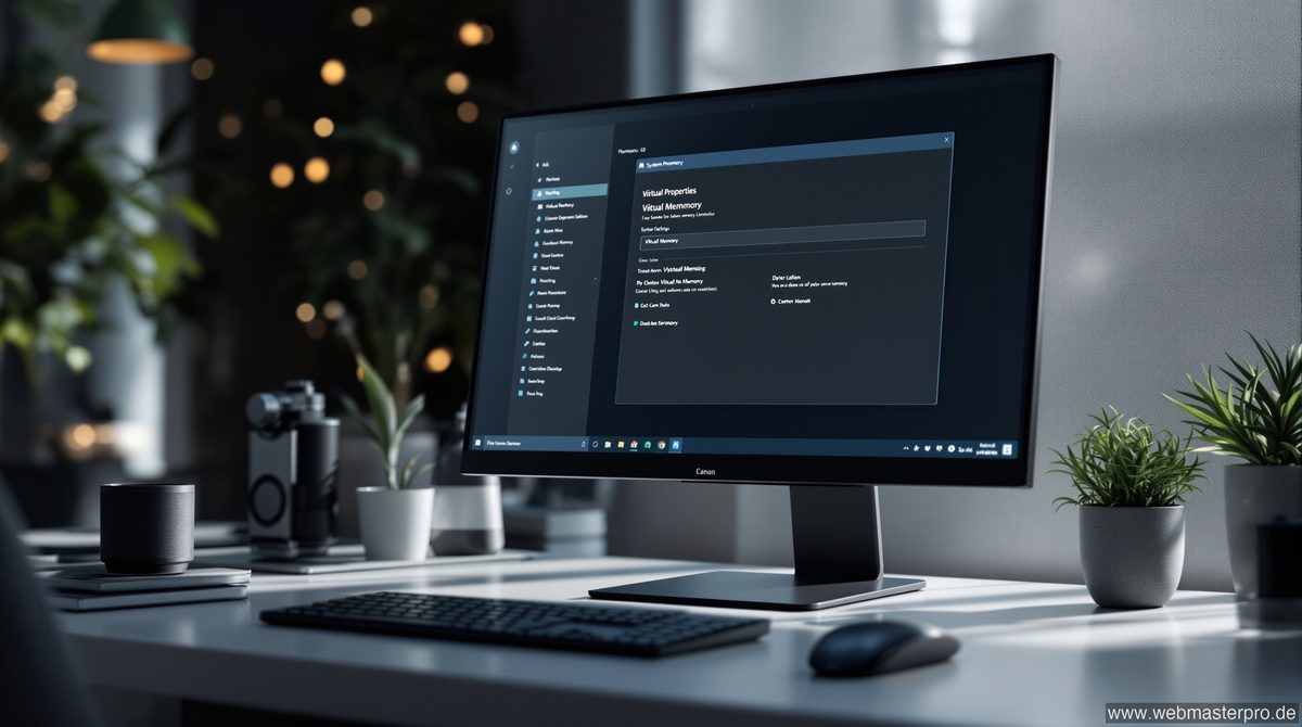 Windows 10 Systemeinstellungen mit geöffnetem virtuellen Arbeitsspeicher Dialog für die Auslagerungsdatei