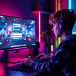 Teenager am Gaming-PC erstellt coole Roblox Namen mit RGB-Beleuchtung im Hintergrund