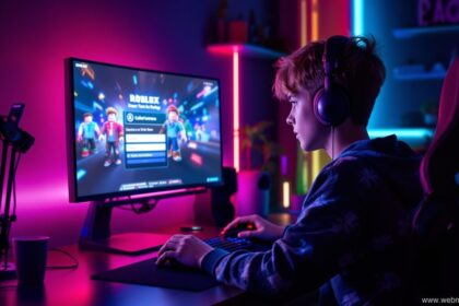 Teenager am Gaming-PC erstellt coole Roblox Namen mit RGB-Beleuchtung im Hintergrund