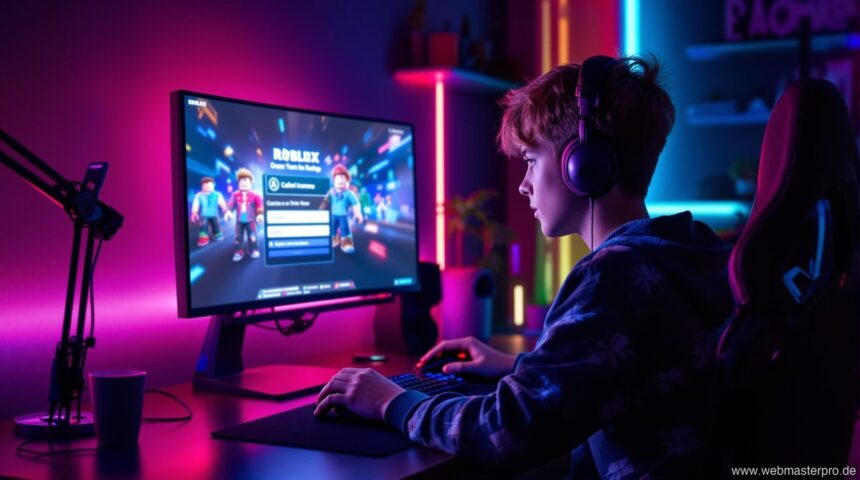 Teenager am Gaming-PC erstellt coole Roblox Namen mit RGB-Beleuchtung im Hintergrund