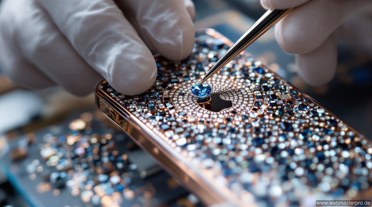 Handwerker mit weißen Handschuhen besetzt ein Luxus-Smartphone mit Diamanten und Edelsteinen