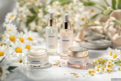 Minimalistische Hautpflegeprodukte der Brand onmyskin auf Marmor-Untergrund