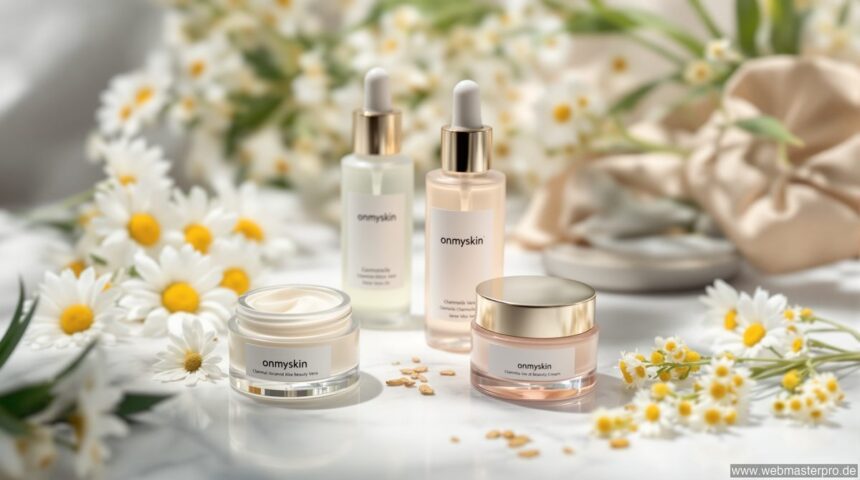 Minimalistische Hautpflegeprodukte der Brand onmyskin auf Marmor-Untergrund