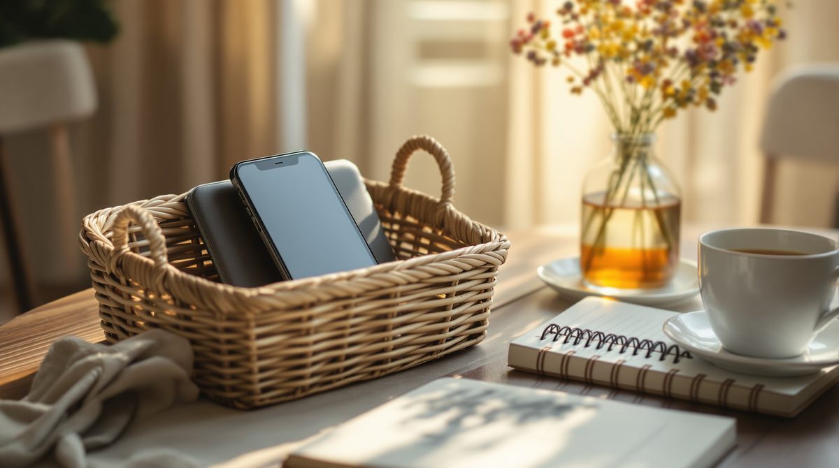 Abgelegtes Smartphone neben einem Tagebuch und Kräutertee auf einem Holztisch – Symbol für Digital Detox Urlaub ohne digitale Ablenkung