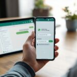 Dumbphone WhatsApp – Person hält ein einfaches Feature-Phone neben einem WhatsApp-Chat