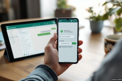 Dumbphone WhatsApp – Person hält ein einfaches Feature-Phone neben einem WhatsApp-Chat
