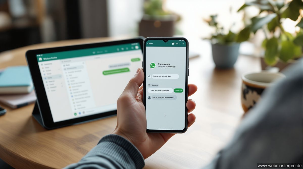 Dumbphone WhatsApp – Person hält ein einfaches Feature-Phone neben einem WhatsApp-Chat