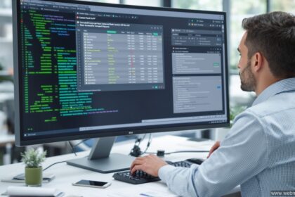 Büromitarbeiter analysiert beschädigte Excel-Datei auf Monitor mit Fehlermeldung