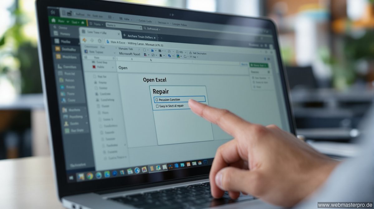 Laptop-Bildschirm zeigt Excel-Dialog mit Reparatur-Option, Hand zeigt auf Bildschirm
