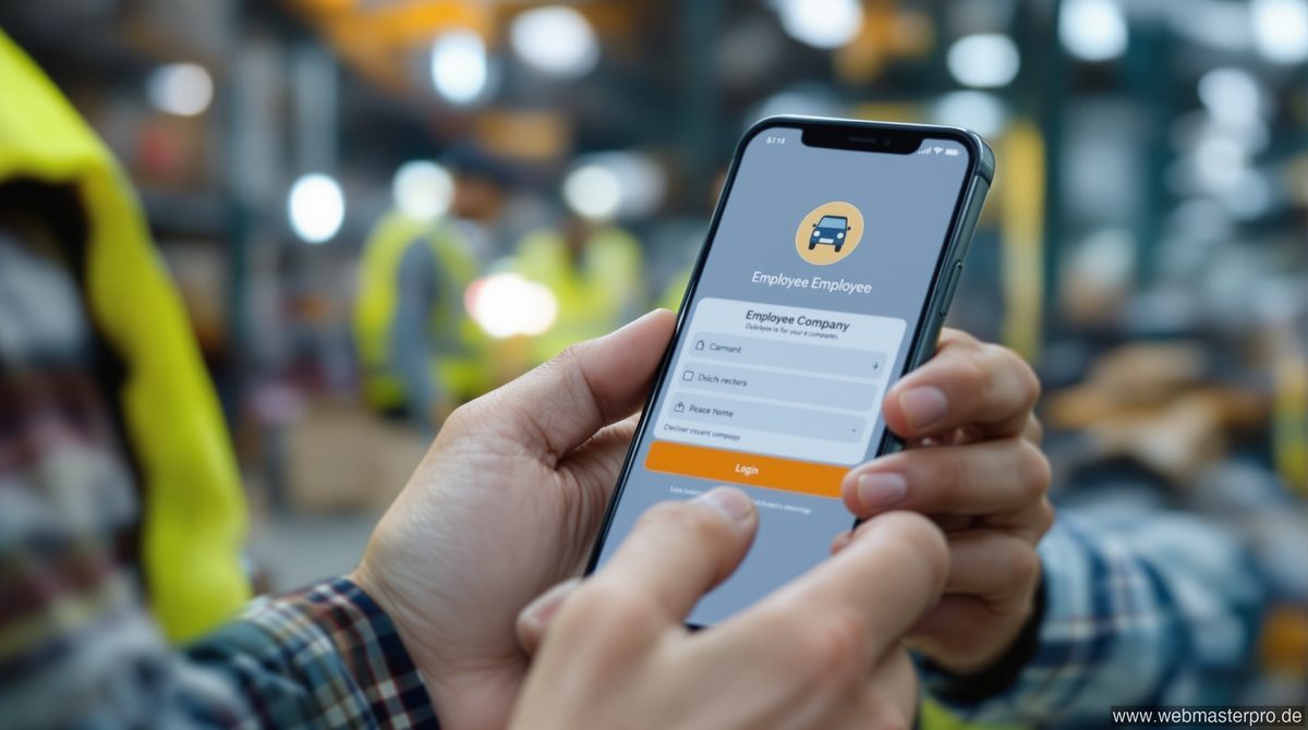 Flaschenpost Mitarbeiter Login Portal auf dem Smartphone in der Logistikhalle