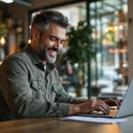 Unternehmer optimiert sein Google My Business Profil am Laptop