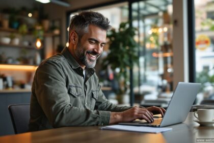 Unternehmer optimiert sein Google My Business Profil am Laptop