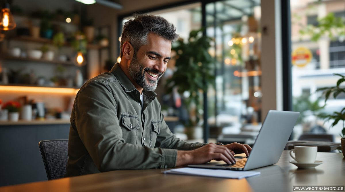 Unternehmer optimiert sein Google My Business Profil am Laptop
