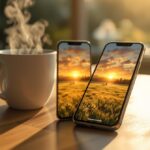 Smartphone mit Guten Morgen Bild als Hintergrund neben einer Kaffeetasse am Morgen