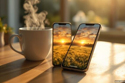 Smartphone mit Guten Morgen Bild als Hintergrund neben einer Kaffeetasse am Morgen