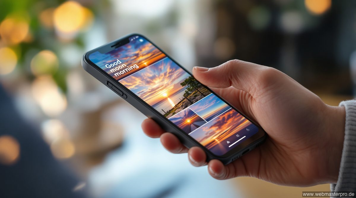 Hand scrollt durch kostenlose Guten Morgen Bilder auf einem Smartphone
