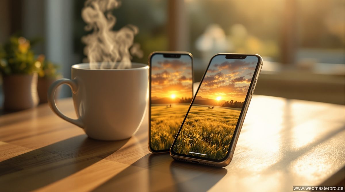 Smartphone mit Guten Morgen Bild als Hintergrund neben einer Kaffeetasse am Morgen