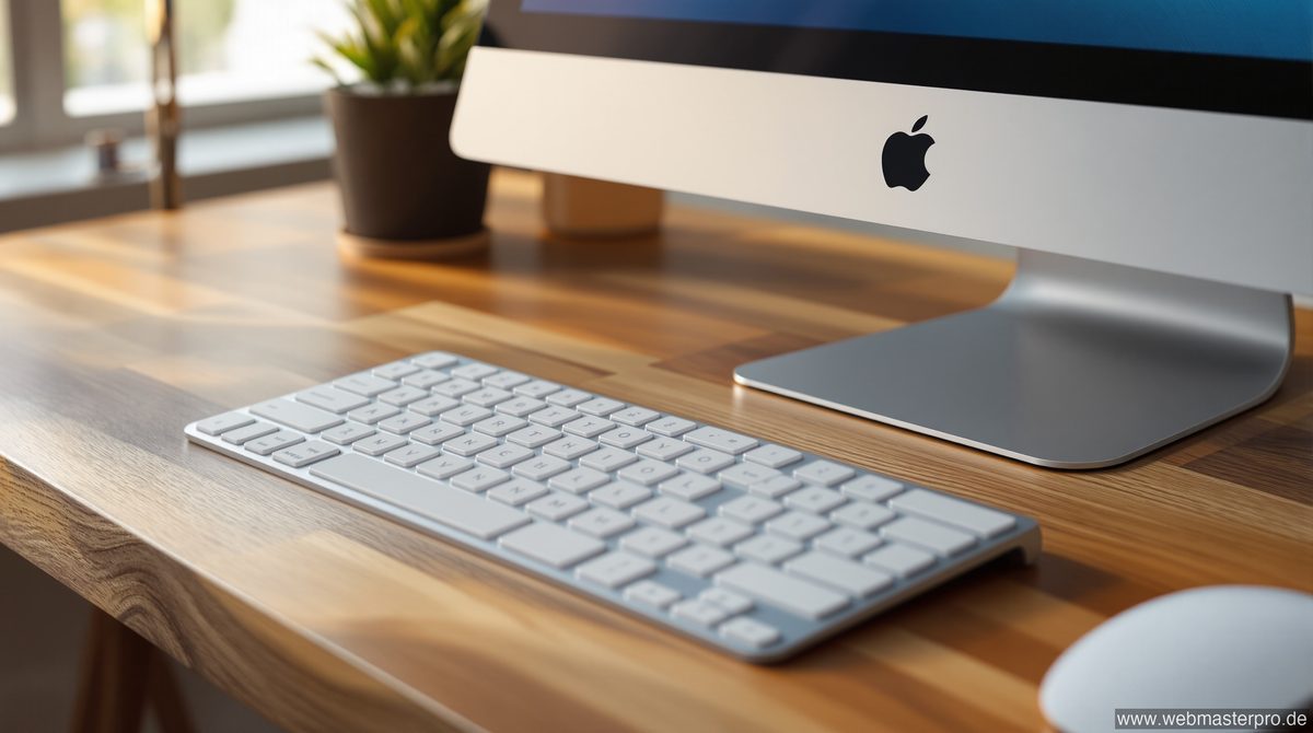 iMac 2025 Detailansicht mit Magic Keyboard und Magic Mouse auf Holzschreibtisch