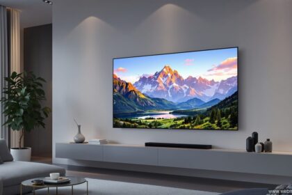 LG G4 65 Zoll OLED Fernseher an der Wand montiert im modernen Wohnzimmer