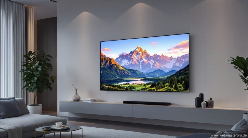 LG G4 65 Zoll OLED Fernseher an der Wand montiert im modernen Wohnzimmer