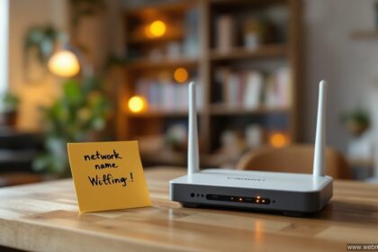 Lustige WLAN Namen – Router auf Schreibtisch mit kreativem Netzwerknamen auf Klebezettel
