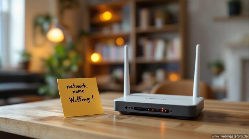 Lustige WLAN Namen – Router auf Schreibtisch mit kreativem Netzwerknamen auf Klebezettel