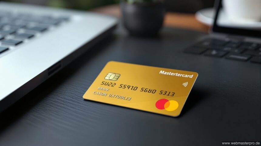 MC EUR PLUX ISSUING – Mastercard Kreditkarte auf Schreibtisch mit Kontoauszug im Hintergrund