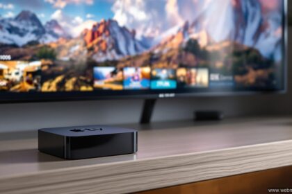 Neuer Apple TV 4K auf einem modernen TV-Möbel im Wohnzimmer