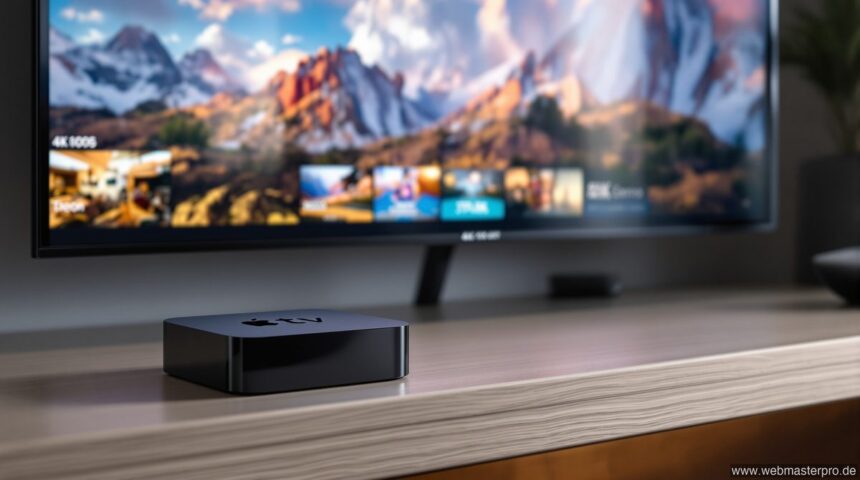 Neuer Apple TV 4K auf einem modernen TV-Möbel im Wohnzimmer