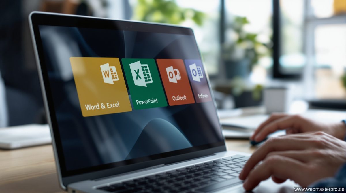Office 2024 Professional Plus Anwendungen auf Laptop-Bildschirm – Word, Excel, PowerPoint, Outlook