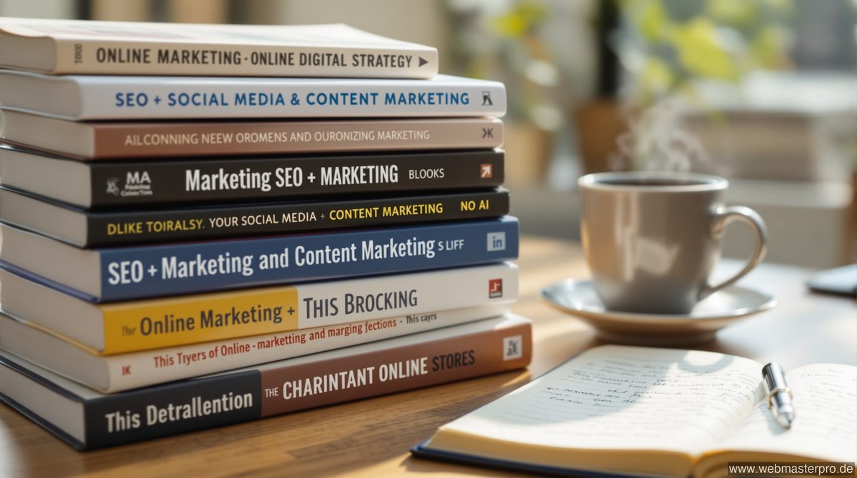Stapel von Online Marketing Büchern zu SEO, Social Media und Content Marketing