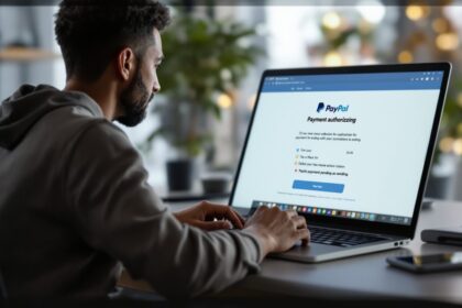PayPal Autorisierung in Bearbeitung – Person überprüft ausstehende Zahlung am Laptop