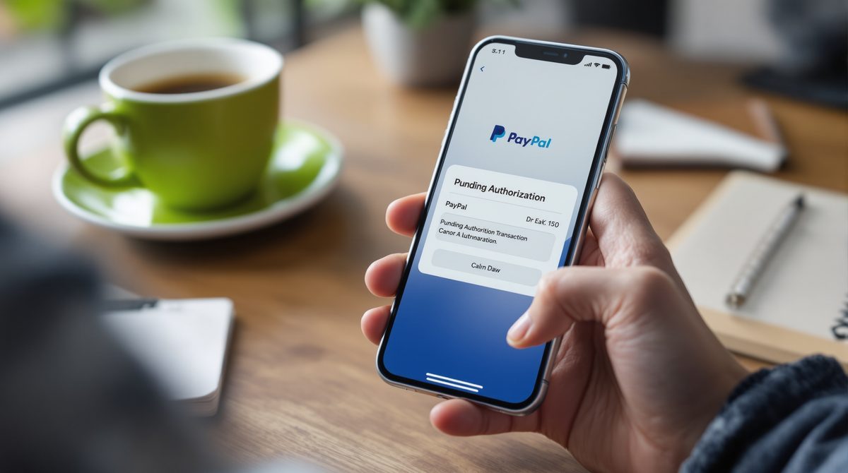 PayPal App auf Smartphone zeigt ausstehende Autorisierung einer Zahlung