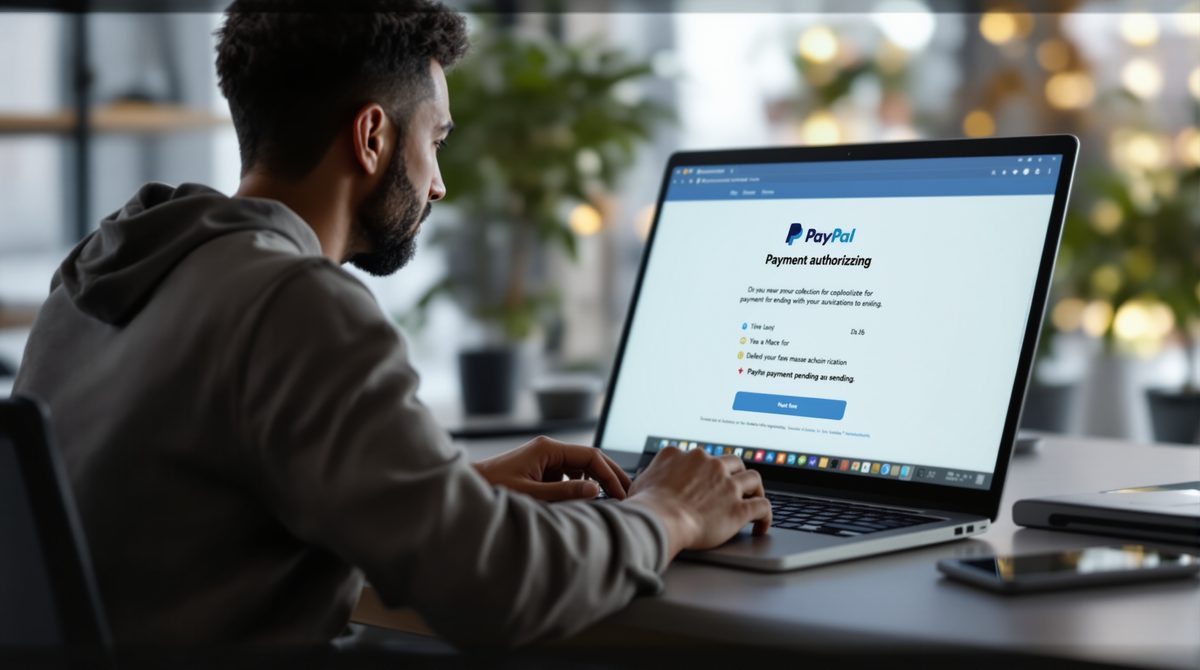 PayPal Autorisierung in Bearbeitung – Person überprüft ausstehende Zahlung am Laptop