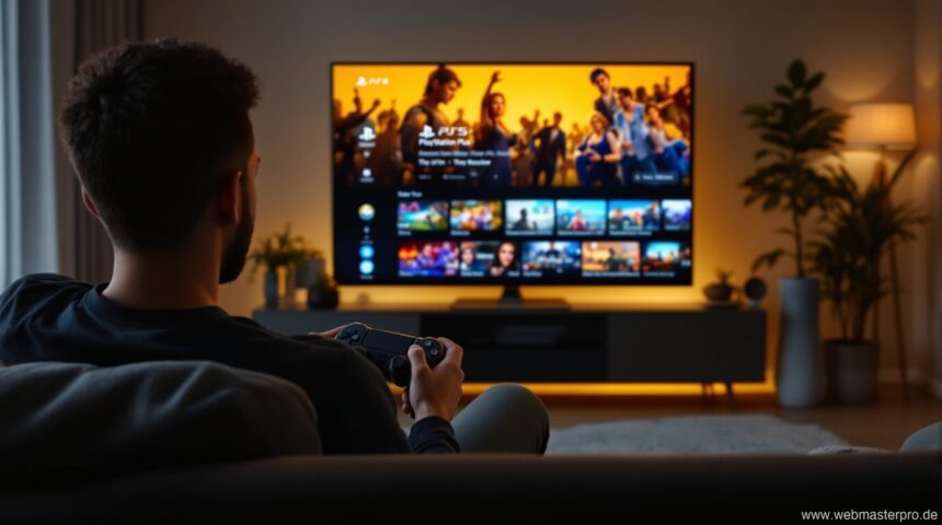 PlayStation Plus Mitgliedschaft – Spieler mit PS5 DualSense Controller vor TV