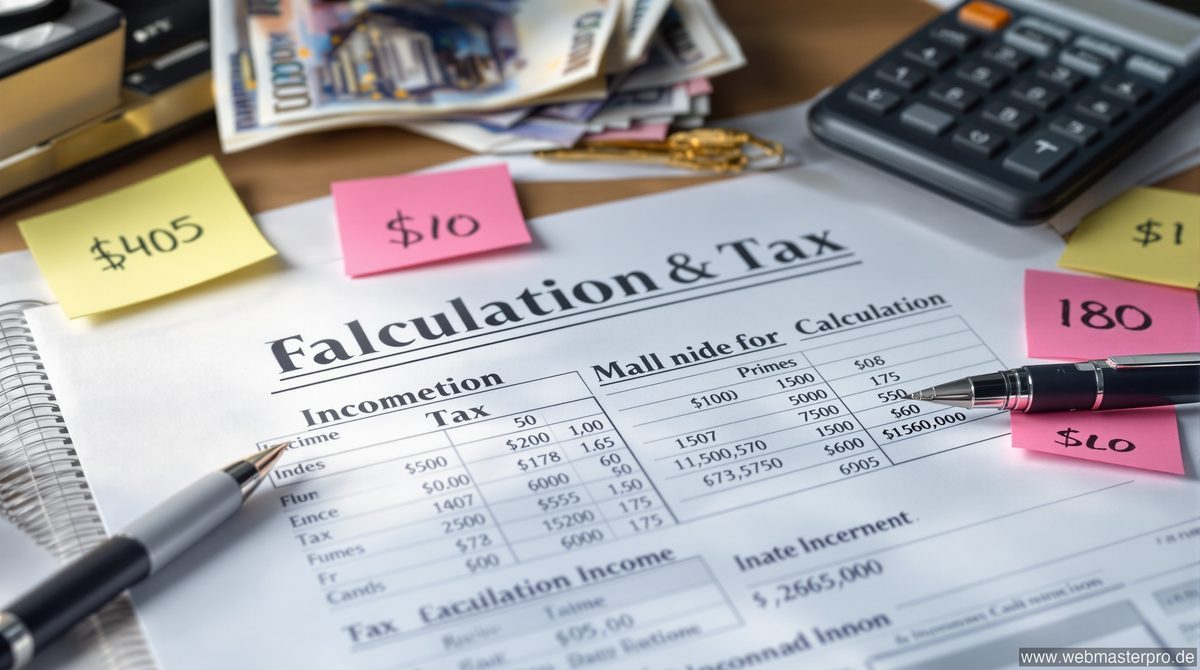 Einkommens- und Steuerberechnung für Selbstständige mit Euro-Scheinen und Taschenrechner