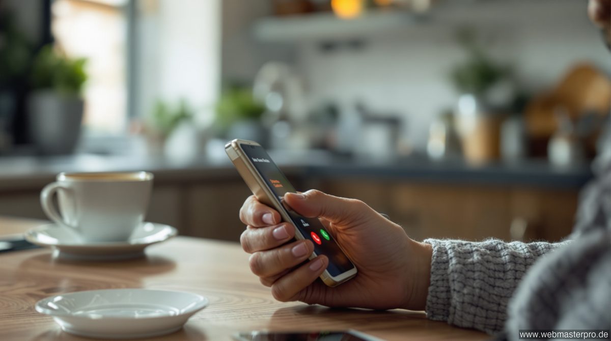 Person hält Smartphone mit unbekannter österreichischer Nummer – Spam-Anrufe aus Österreich erkennen