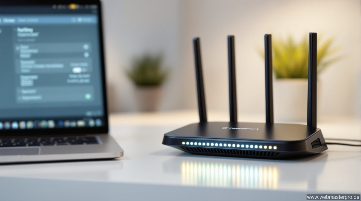 Telekom Speedport Router mit leuchtenden Status-LEDs auf dem Schreibtisch