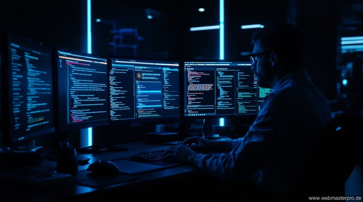 Televend Login Analyse – Cybersicherheitsexperte untersucht verschlüsselte Login-Interfaces auf mehreren Monitoren