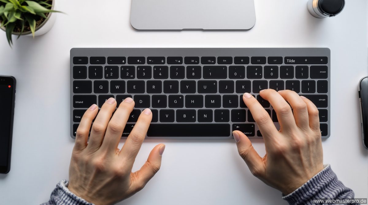 Tilde Mac Tastatur – Finger auf Apple Magic Keyboard beim Eingeben des Tilde-Zeichens